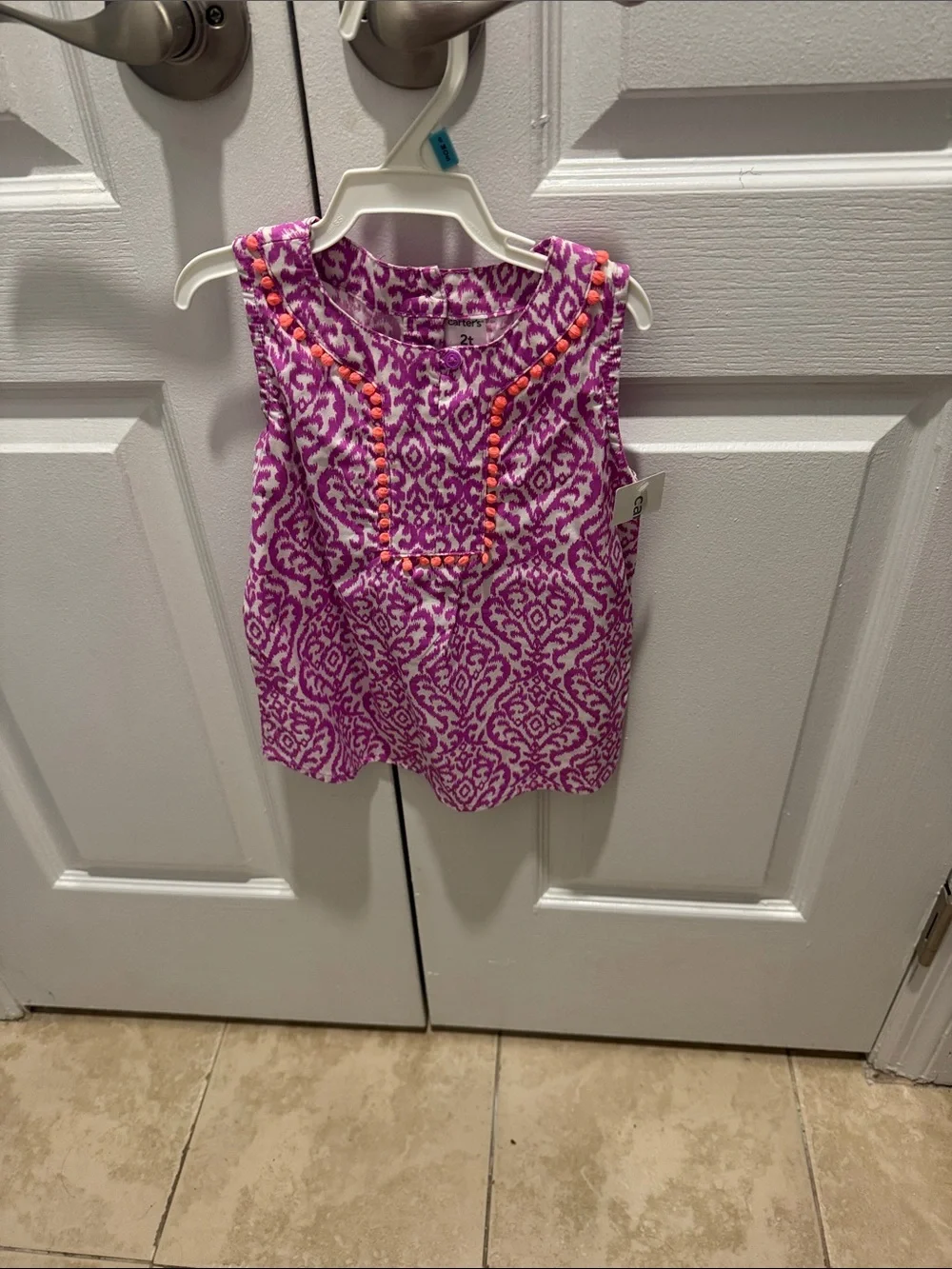 Carter's Purple Pink Patterned Dress with Orange Pom Trim